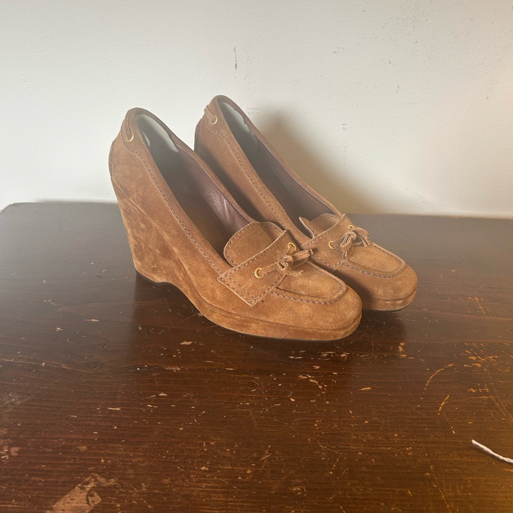 Prada Tan Suede Wedge Loafers